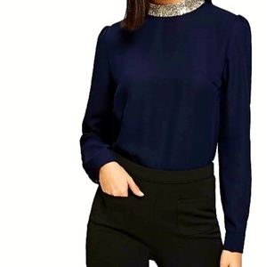 Shein Women's Size M Navy Contrast Sequin Neck Blouse Long Sleeves